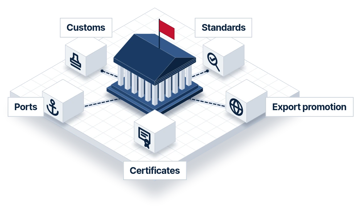 Illustration: a government building at the centre, linked to customs, standards, ports, export promotion and certificates
