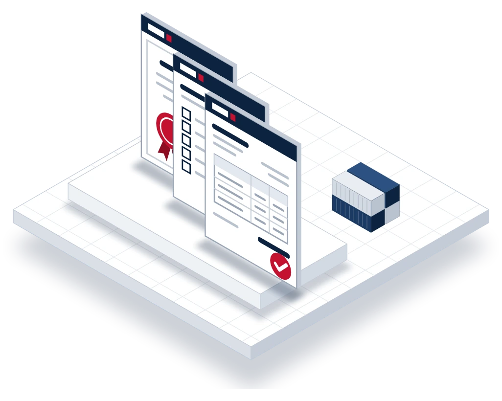Illustration of trade documents, an invoice, a packing list and a certificate beside a container